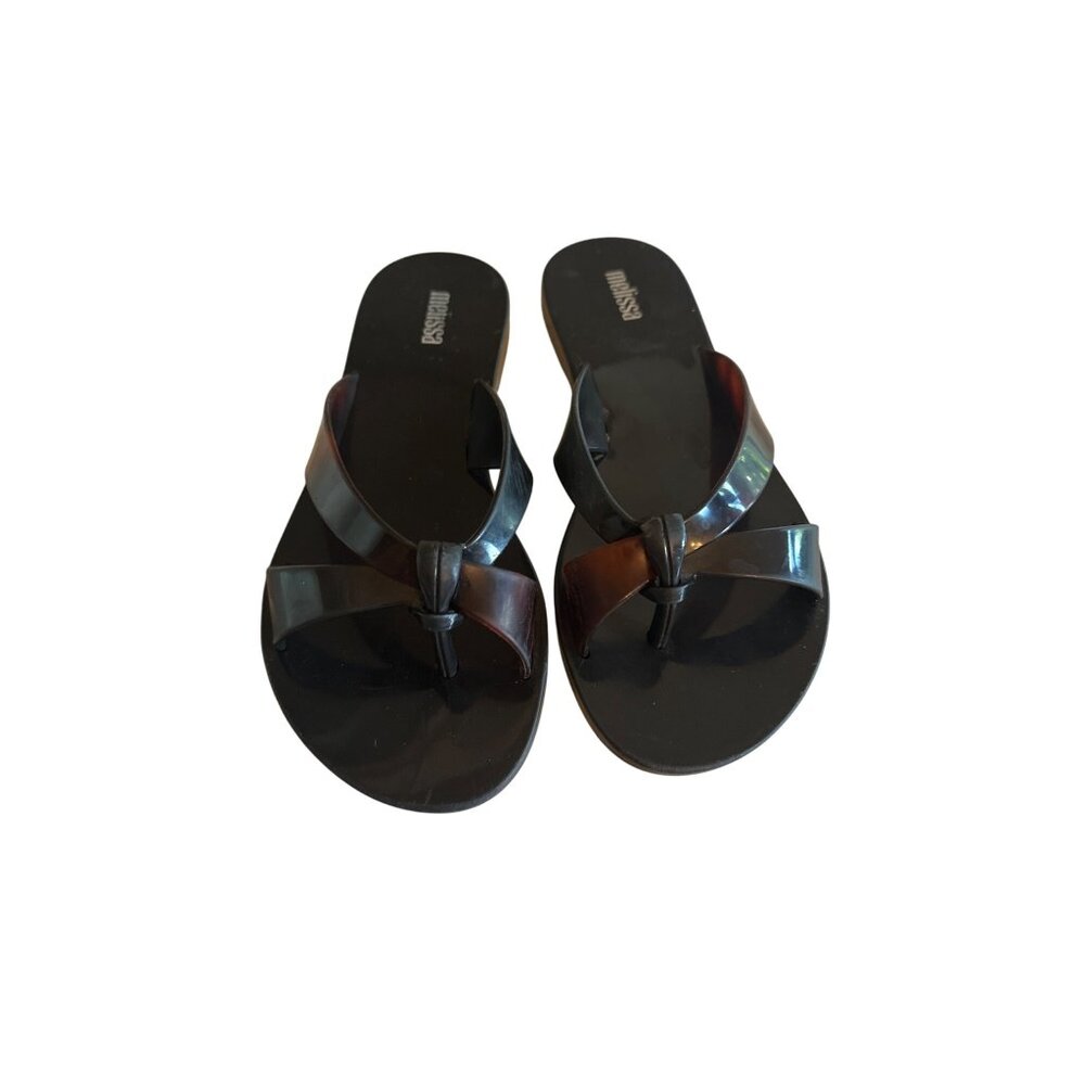 Melissa Womens Vegan Black &‎ Brown Rubber Flip-Flops Size 6 USA Bow Summer